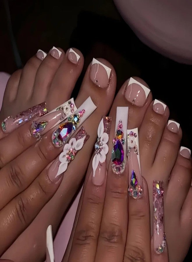 Maigitur White French Tips Press on Toenails Colorful Gem Press on Nails Long Square False Nails with Flower Charm Design Pearl Fake Toenails Glossy Spring Summer Fake Nails for Women Girls Manicure 48Pcs - Image 1